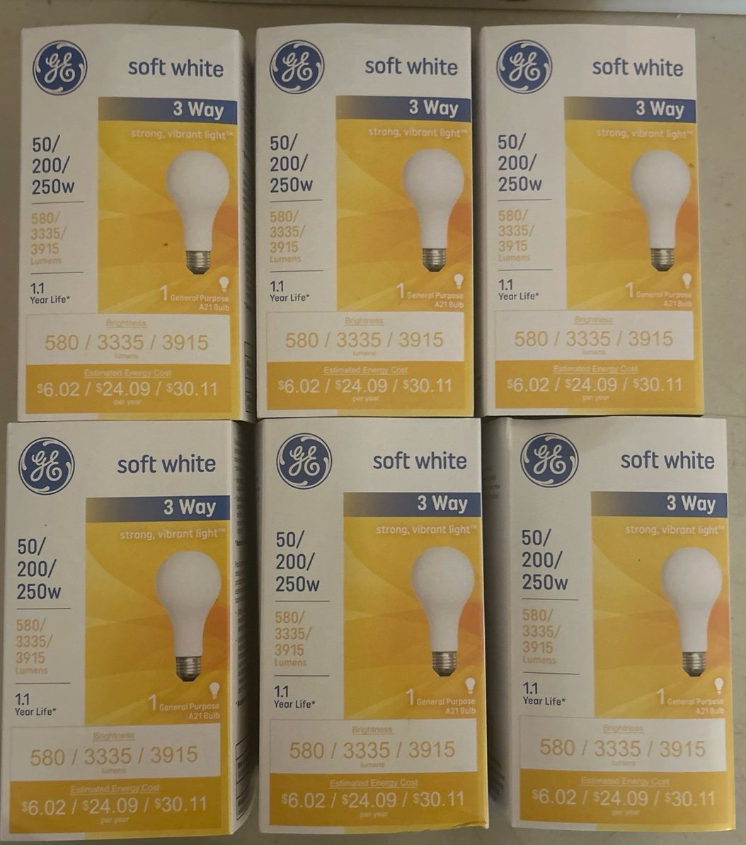 GE 3 way soft white 6 Pack light bulb 50/200/250w A21 general purpose use