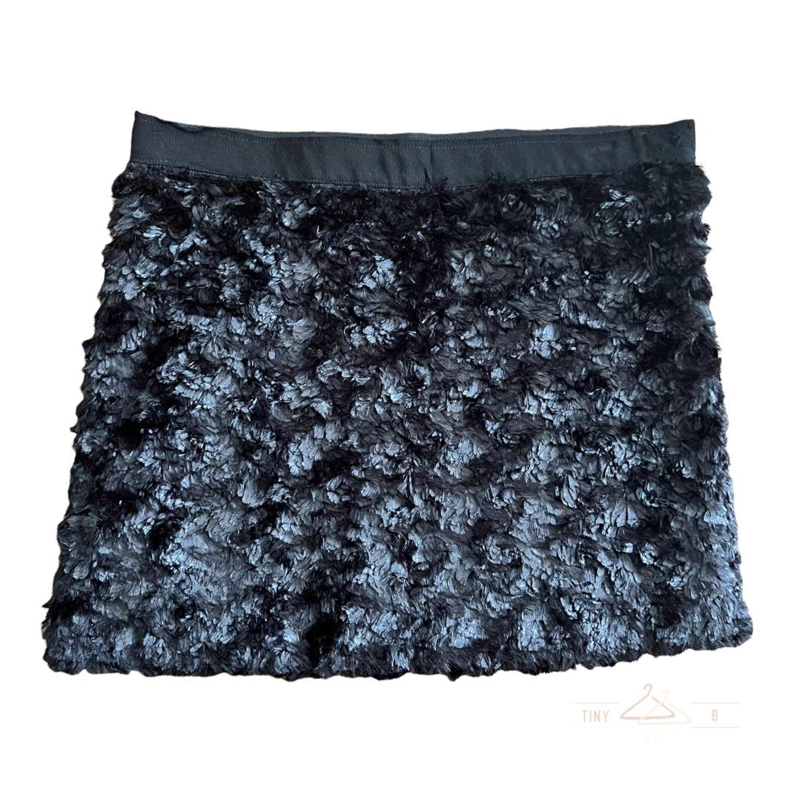 Elizabeth & James Black Faux Fur Micro Mini Skirt Plush Y2K Rave Sz 4 - Elizabeth and James