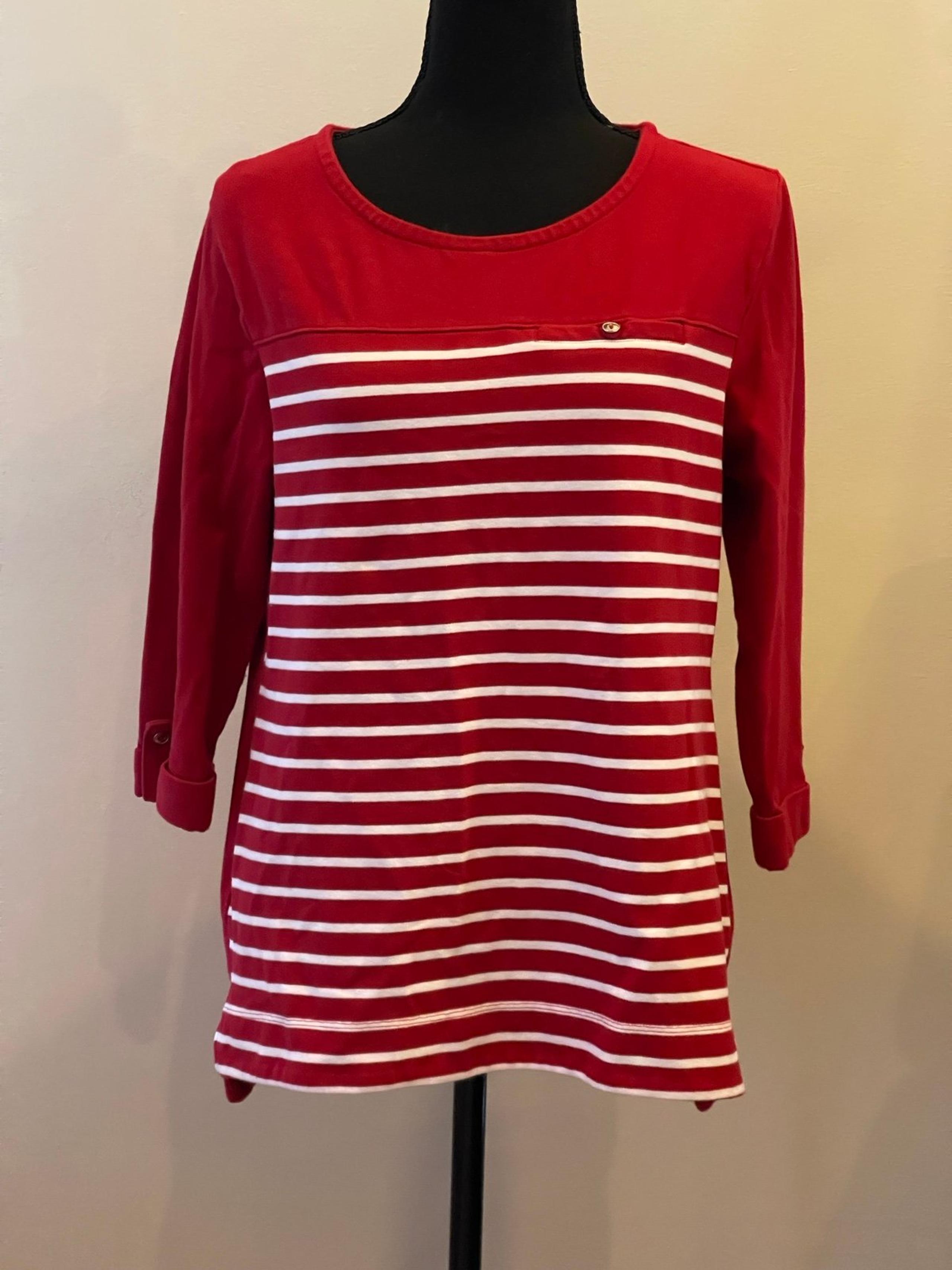 L Red/White Striped Collared Cuffed Sleeve Blouse - Croft & Barrow