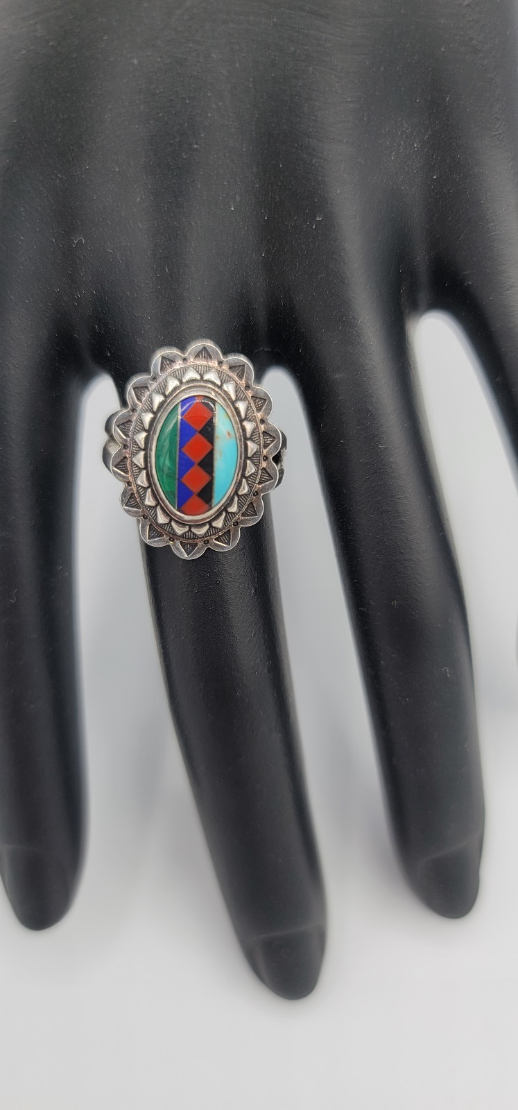 Vintage Southwestern Concho Sterling Silver Multi Stone Inlay Ring