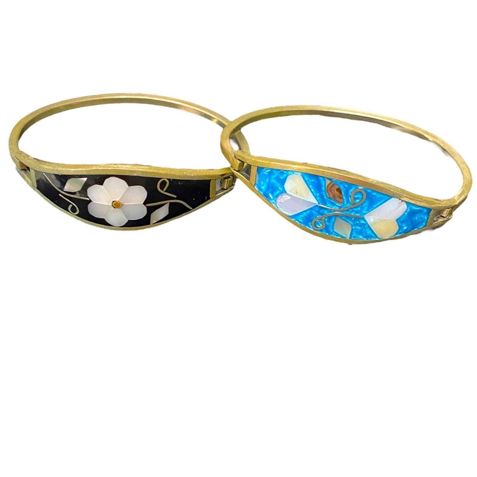 2 Vintage Mexico Alpaca Mother of Pearl Inlaid Hinge Silver Bracelets Hearts