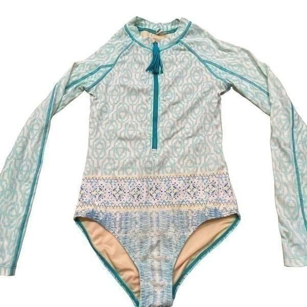 Girls Cabana Life Turquoise and White Print Ling Sleeve One Piece Swim Suit 10