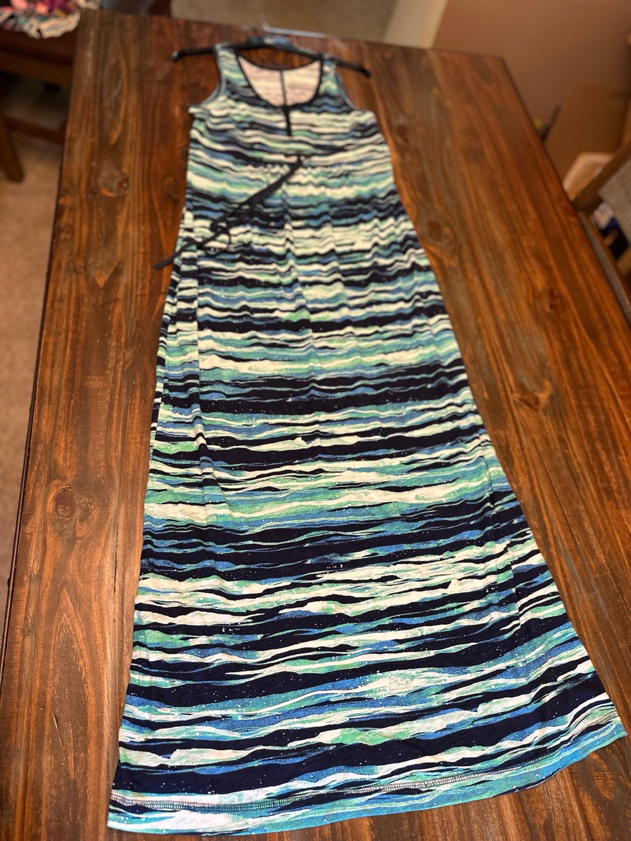 Eddie Bauer Maxi Dress Sleeveless Blue Green Drawstring Waist Size Medium