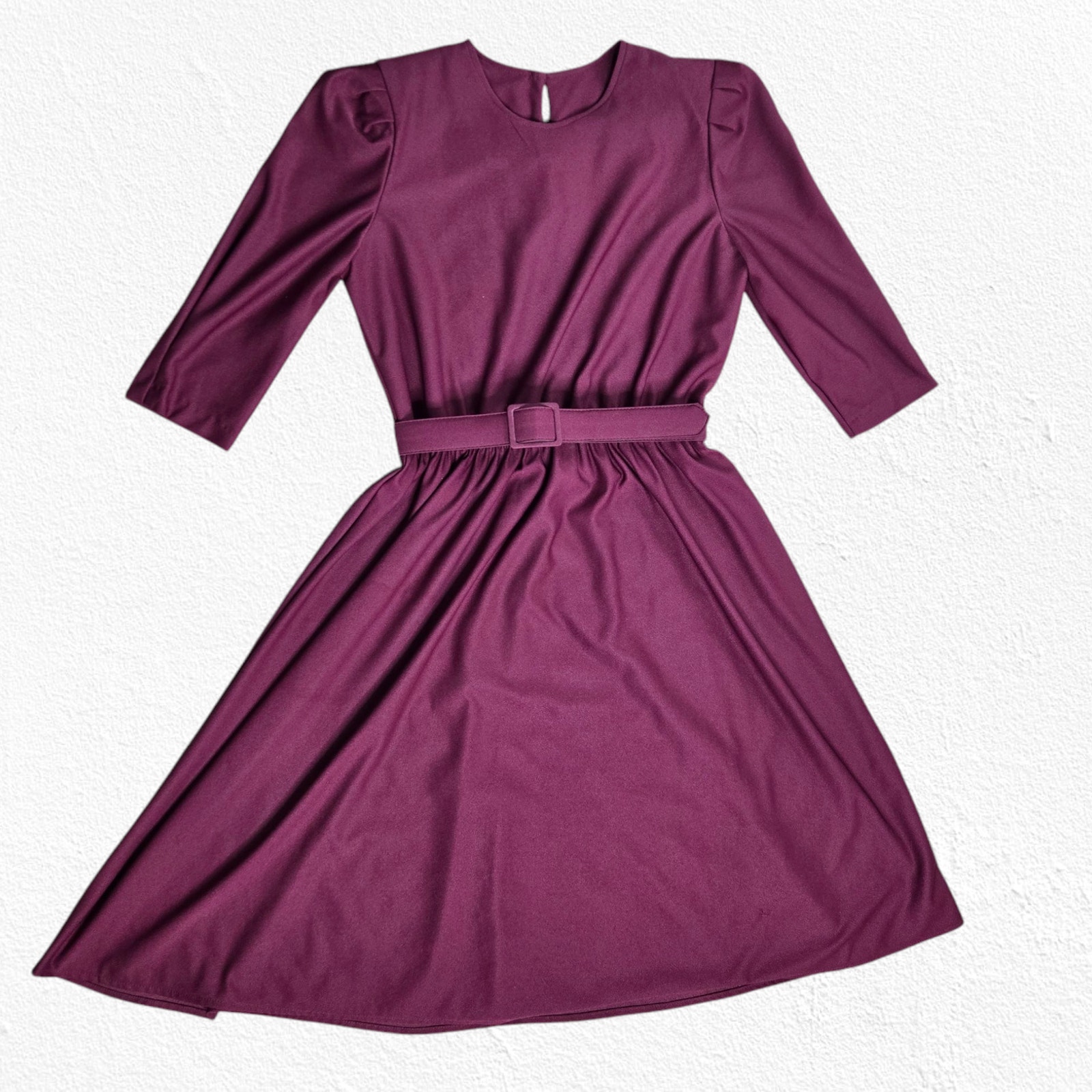 1970s Vintage Burgundy Fit and Flare Semi-Sheer Structured Midi Dress Size 12