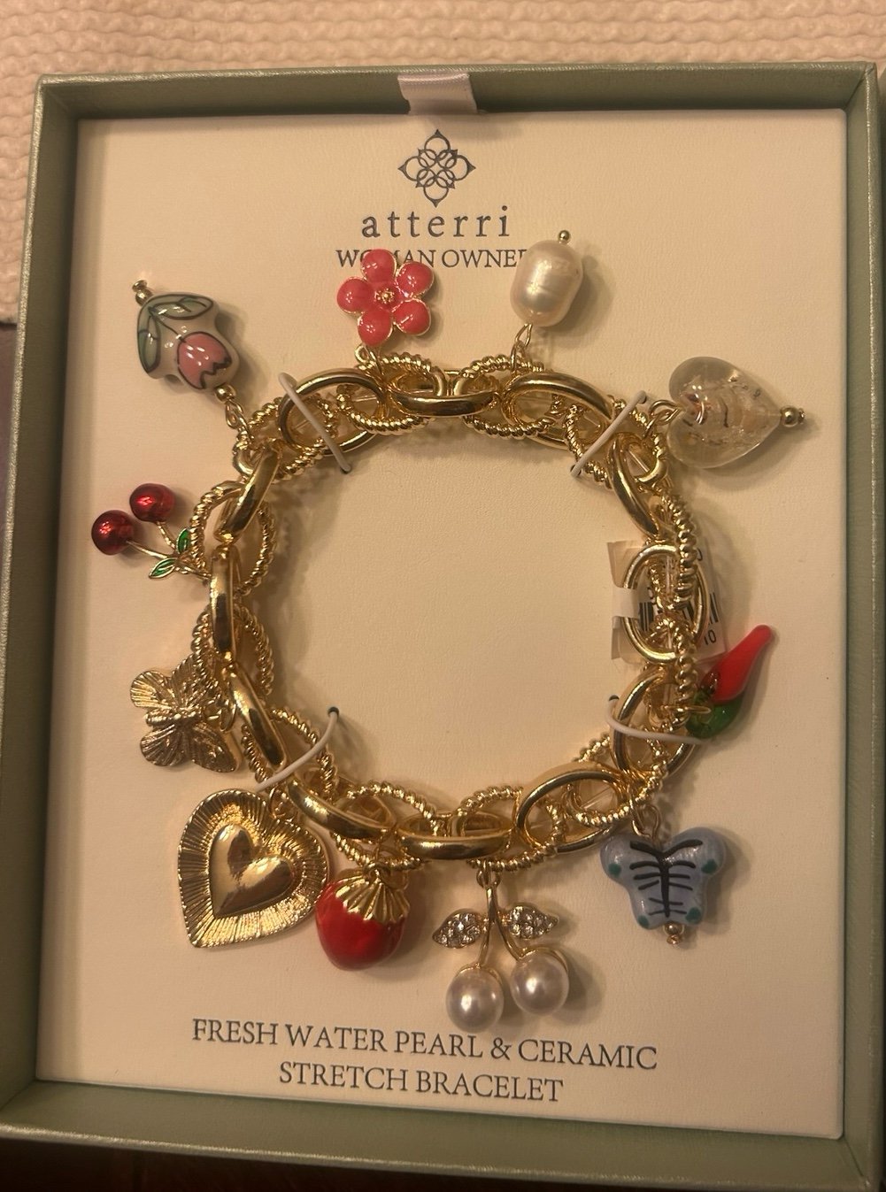 ATTERRI woman owned Colorful heart, flower. Pearl, Cherry, Charm Bracelet New