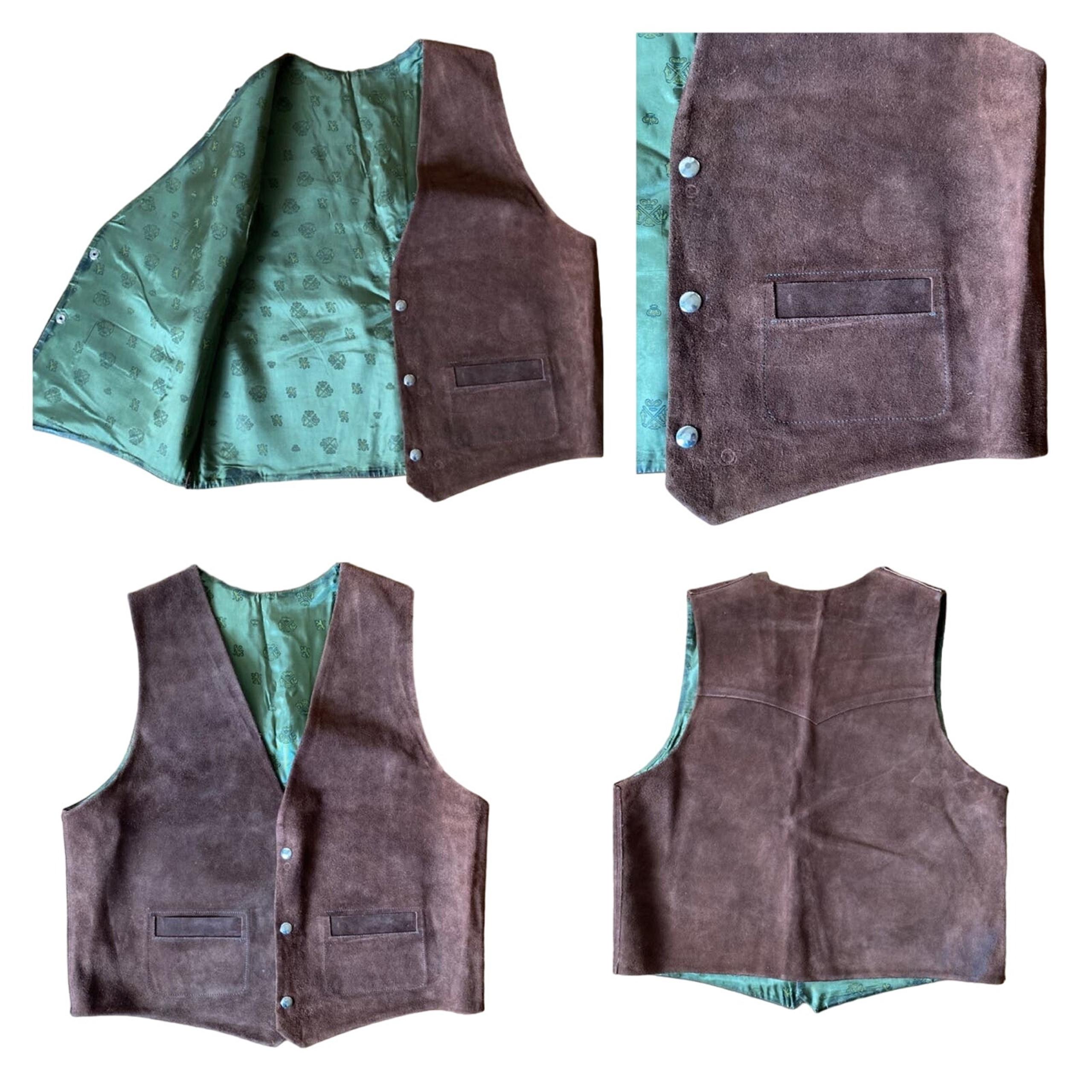 American Vintage brown leather suede vest with green lining size medium to large