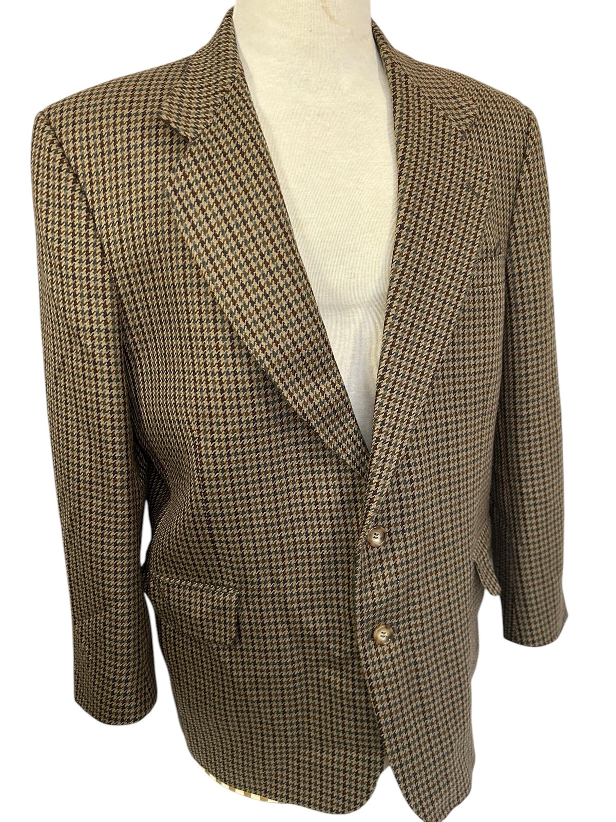 Oscar De Le Renta Men’s Jacket Blazer Wool Brown Houndstooth Vintage Size 44R