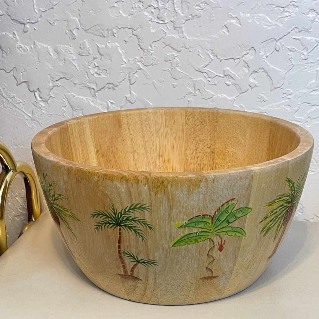 Clay Art Hand Painted Heavy Solid Wood/Wooden Salad Bowl Palm Tree's