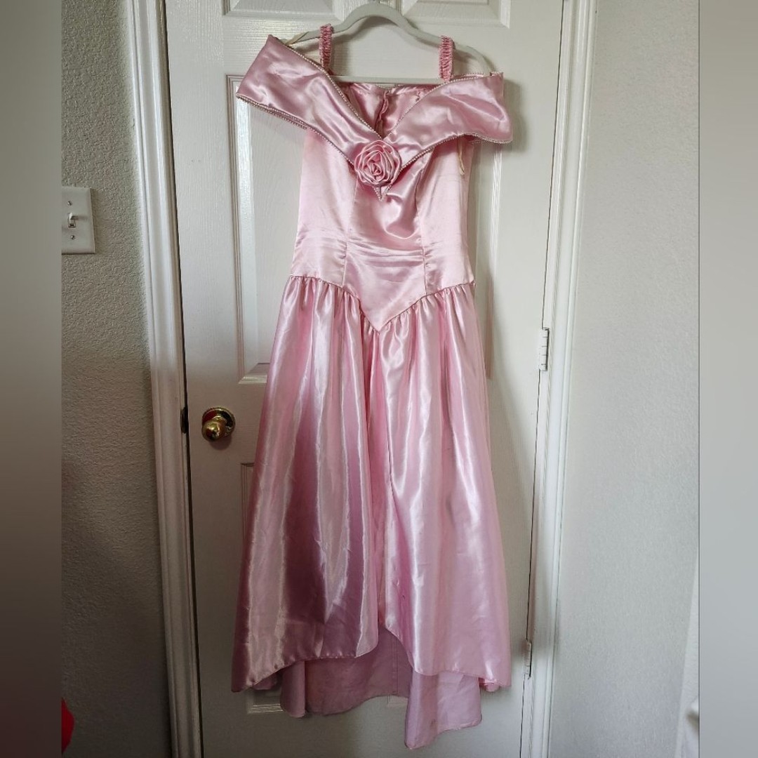 Vintage 80s Glam Pink Satin Rosette Princess Sweetheart Ball Gown Prom M