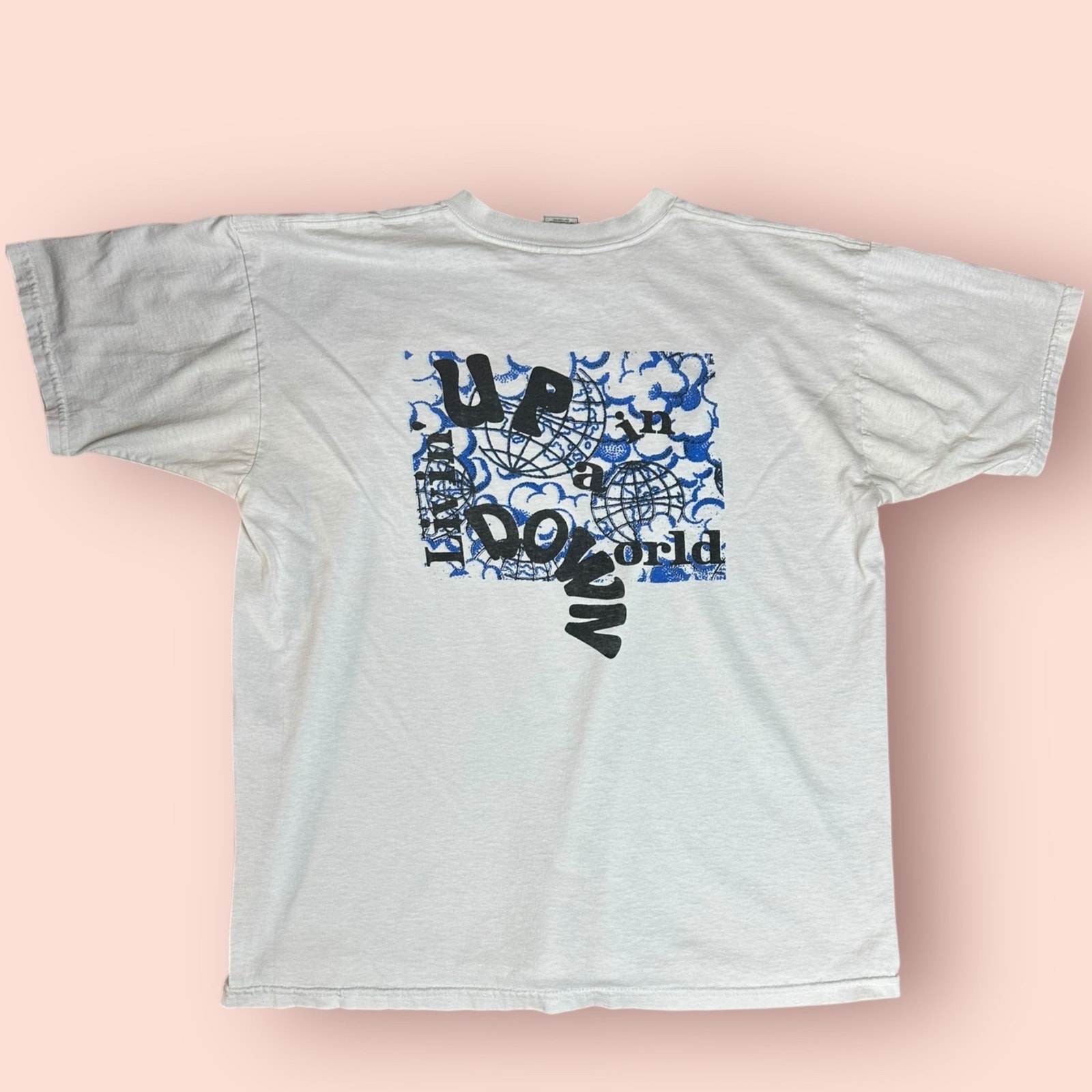 Vintage livin up in a down world t-shirt xl RARE tee white blue