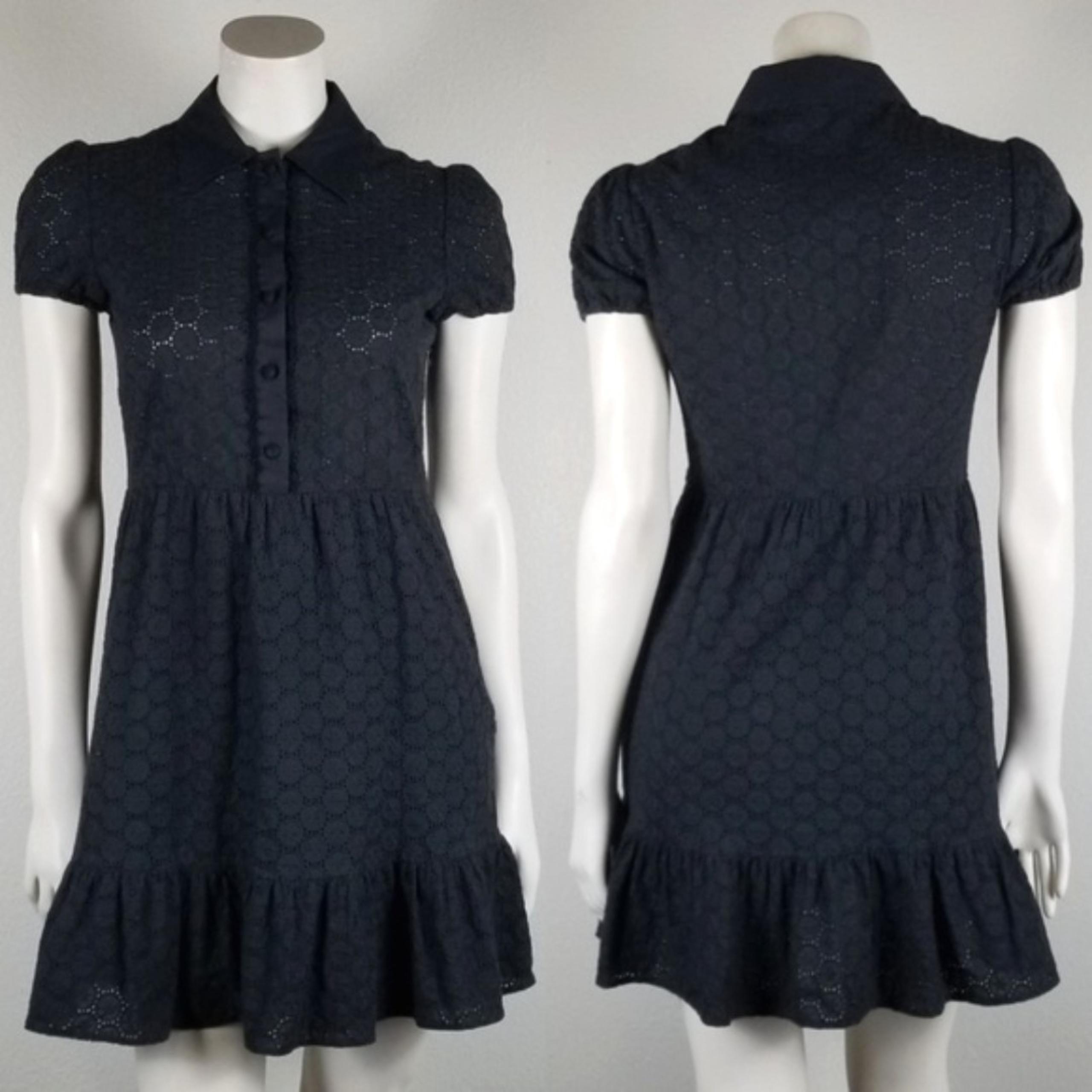 Red Valentino Black Eyelet Goth Broderie Babydoll Mini Collared Dress Size 40/2