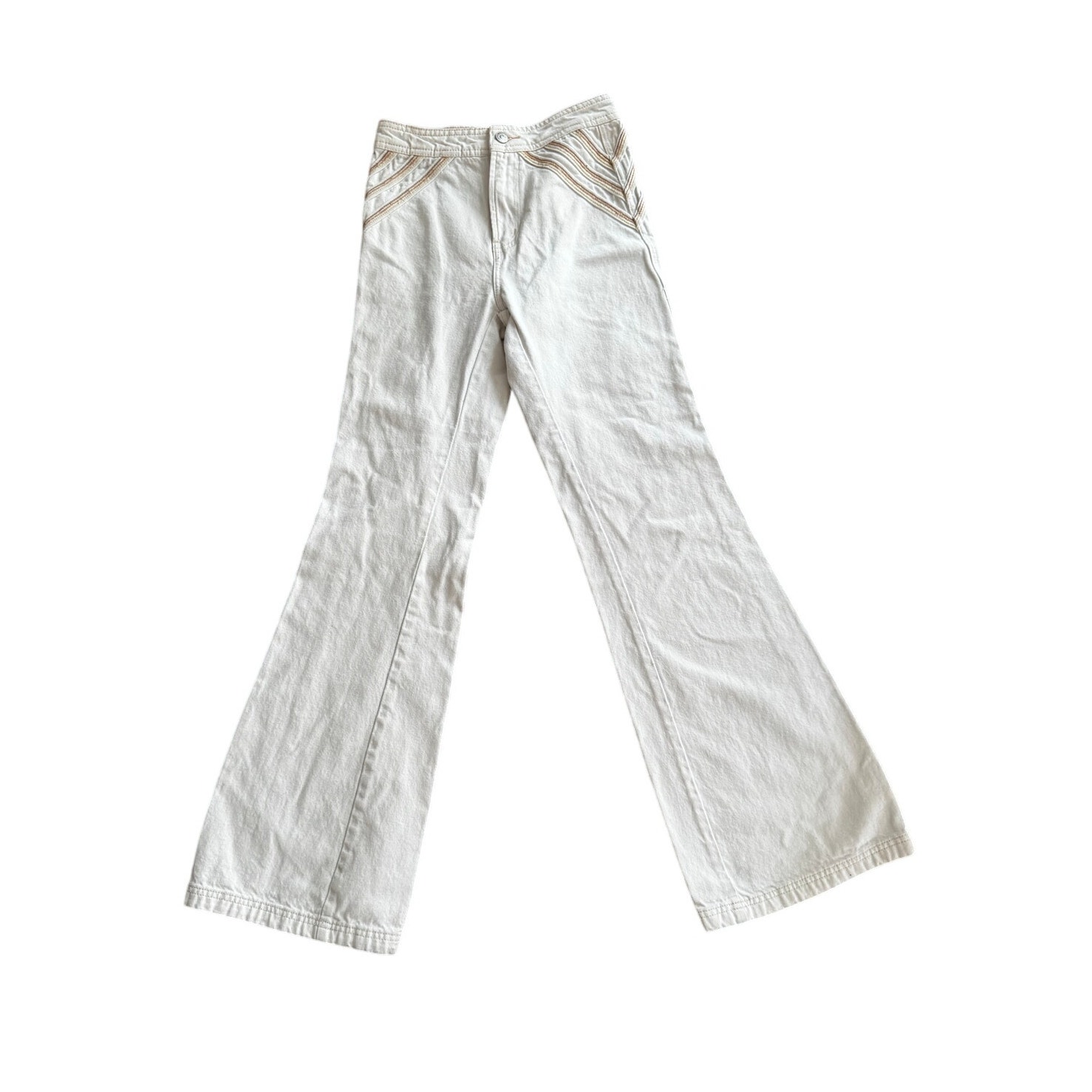 We The Free by Free People Cream Flare Jeans Size 24 Embroidered Detail at HIps