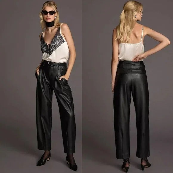 Anthropologie Maeve Faux Leather Taper Pleated Pants black nwt new US size 6