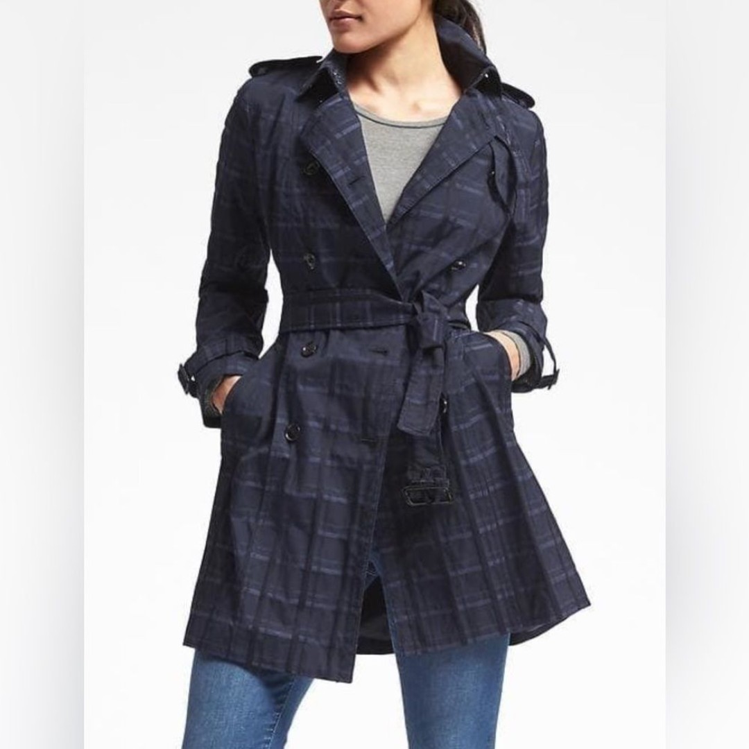 Banana Republic Navy Madras Plaid Trench Coat SM Military Belted Preppy Capsule