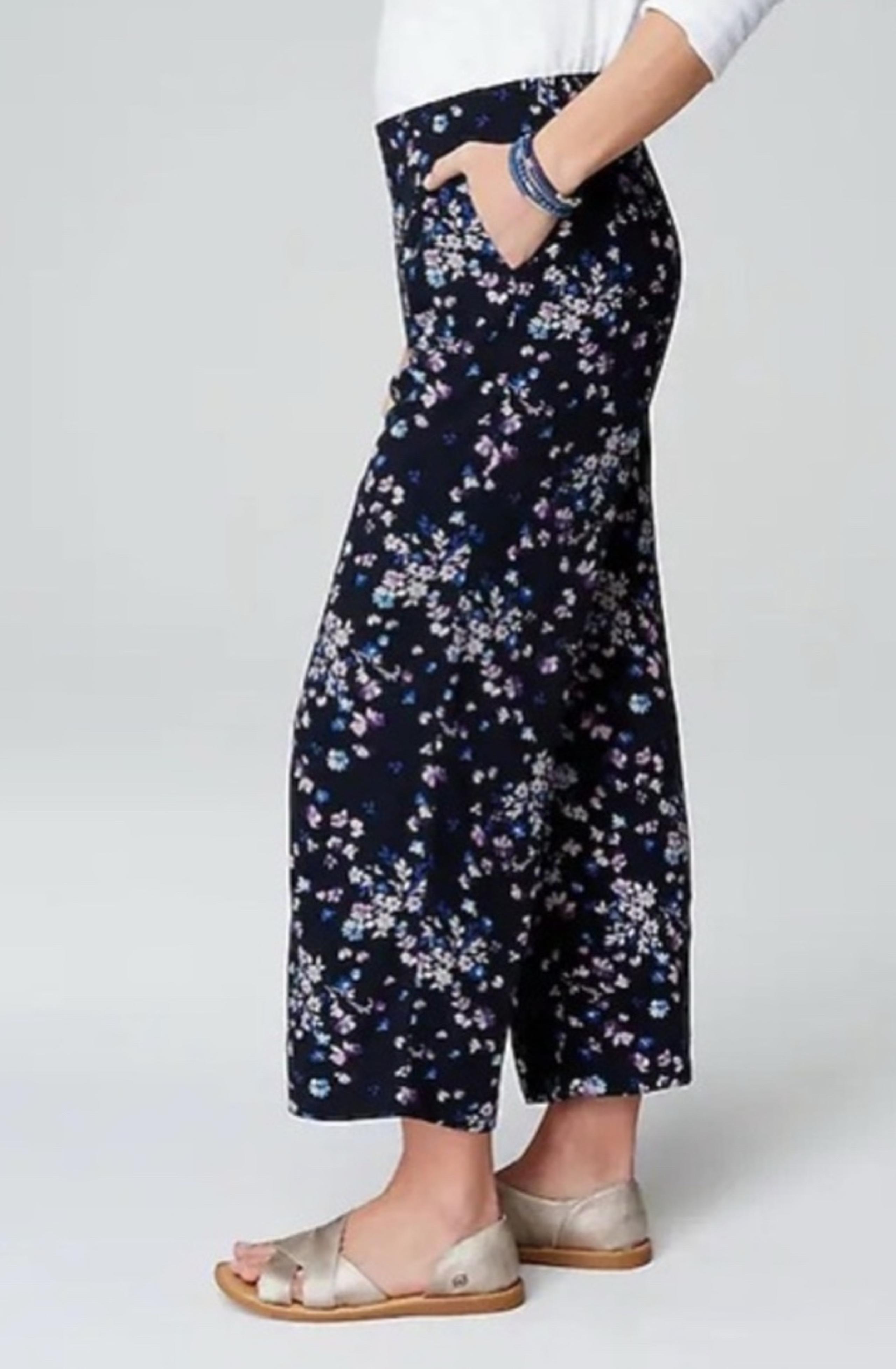 J. Jill Women’s 4X Pull-On Pants Navy Blue Floral Lightweight Stretch Waist