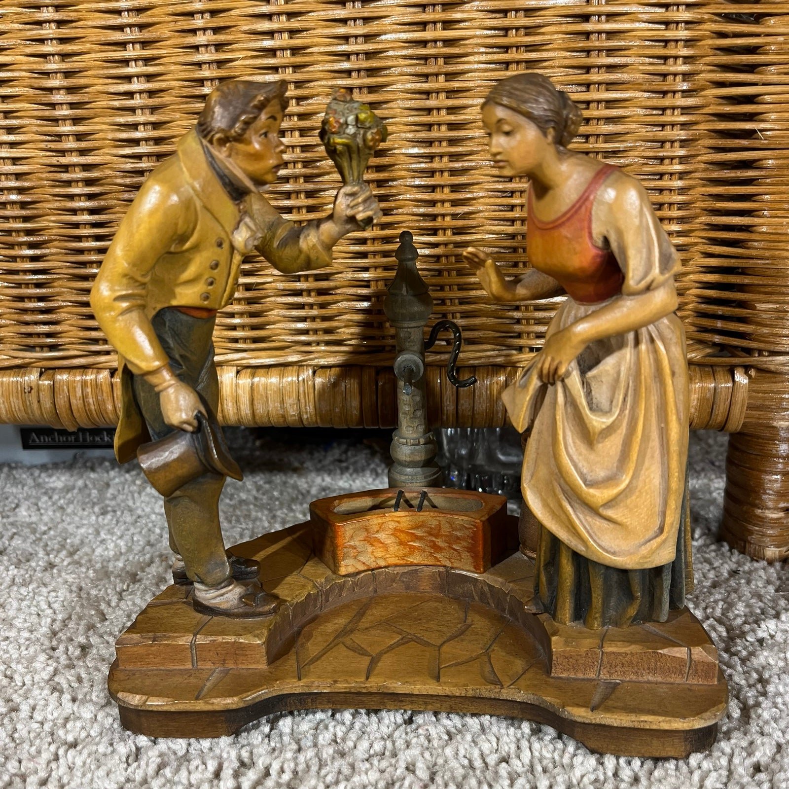 Vintage Anri carved wood man and woman at well figurine figure statue Italy