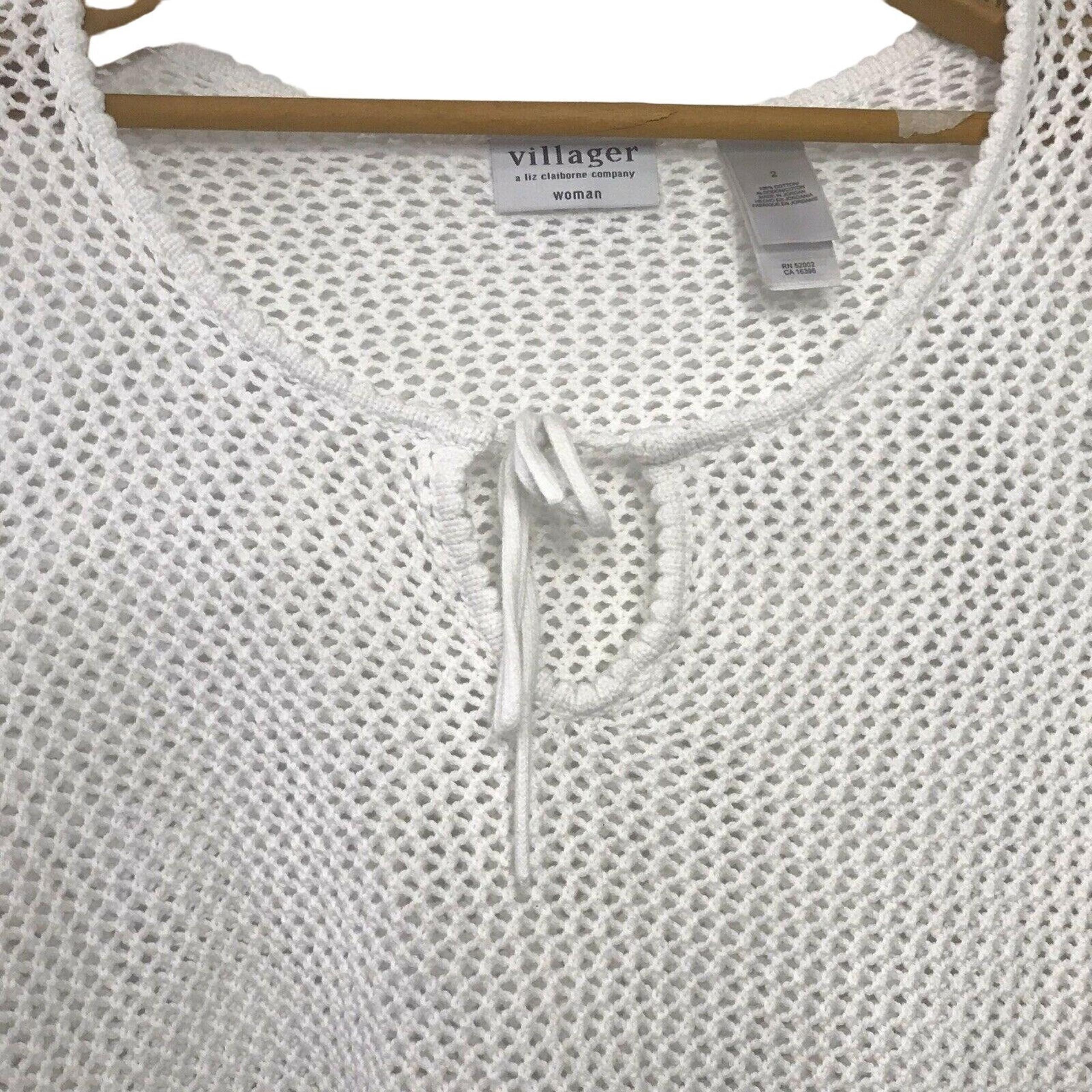 Vintage Liz Claiborne Villager Sweater Sz 2 White Open Knit Tie Neck Cotton