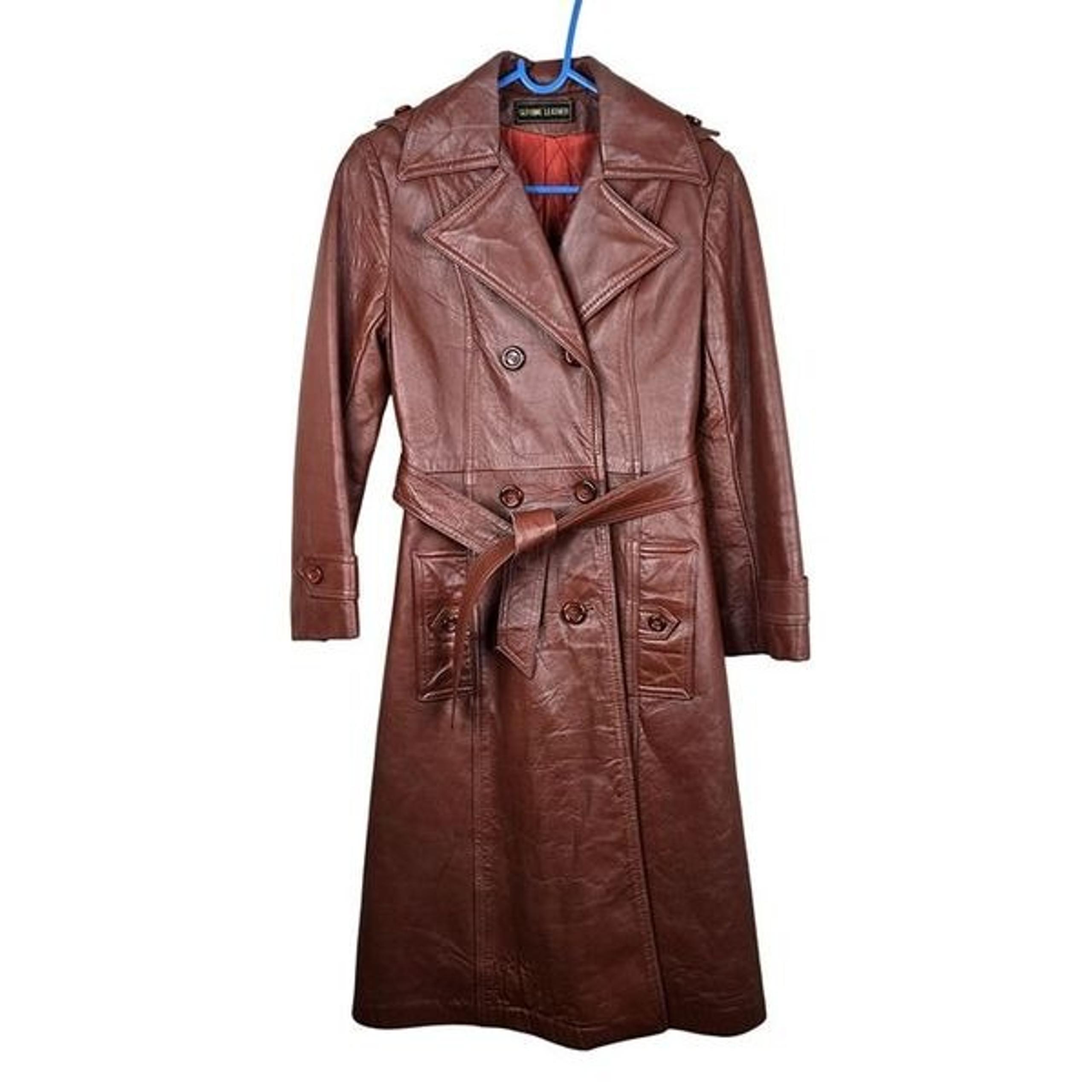 Vintage 70s Brown Double-Breasted Leather Trench Swing Coat Belted Womens S Mod