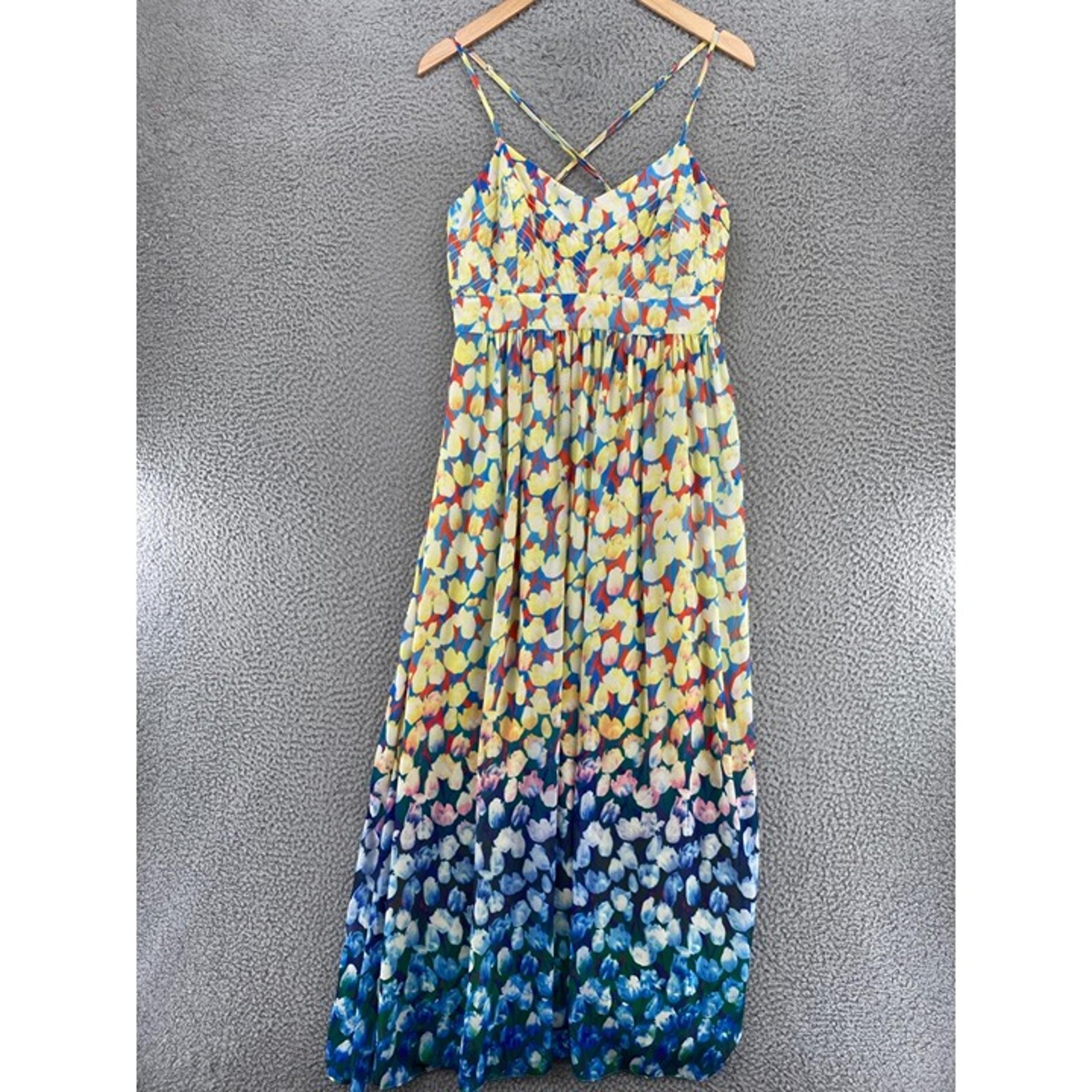 Badgley Mischka Dress Womens 8 Yellow Blue Multi Floral Ombre Maxi Flowy Ruched*