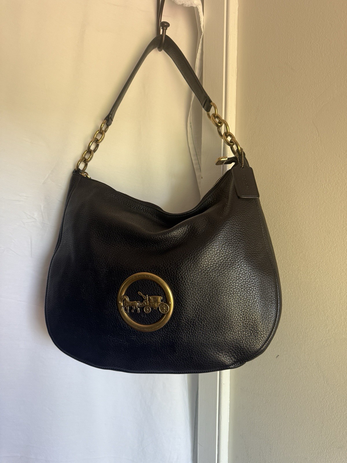Coach Elle Black Pebble Leather Hobo Handbag Carriage Shoulder Bag Purse