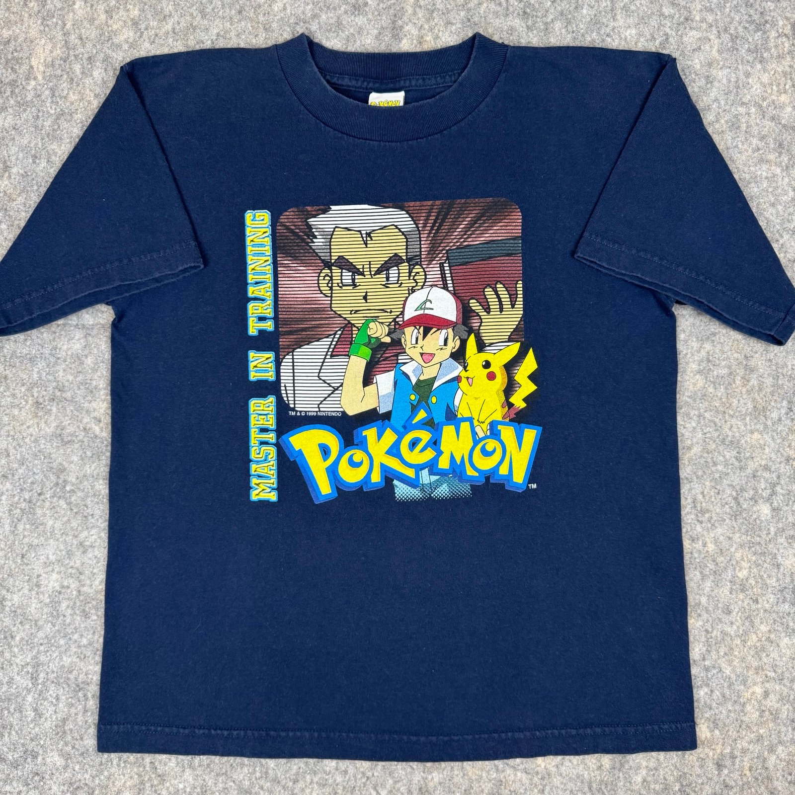 Vtg 90s Pokemon Trainer Tee Shirt Navy Professor Oak Ash Pikachu Small nintendo