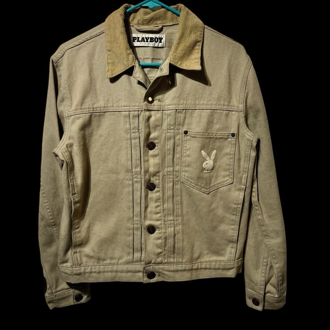 Playboy by Pacsun Men’s Beige Denim Corduroy Collar Trucker Jacket Size SMALL