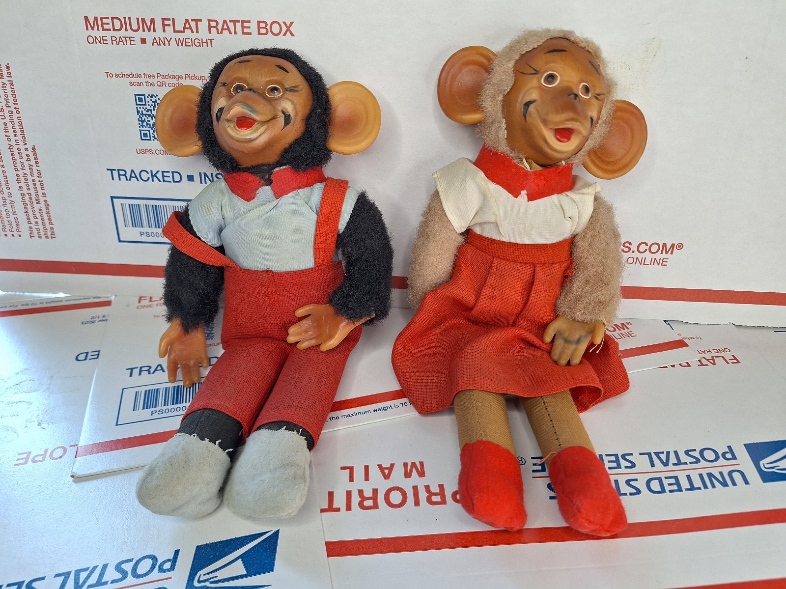 VintageVTG Rubber Face Monkey Plush Chimp Male Female Pair 11” Japan 1950s Zippy