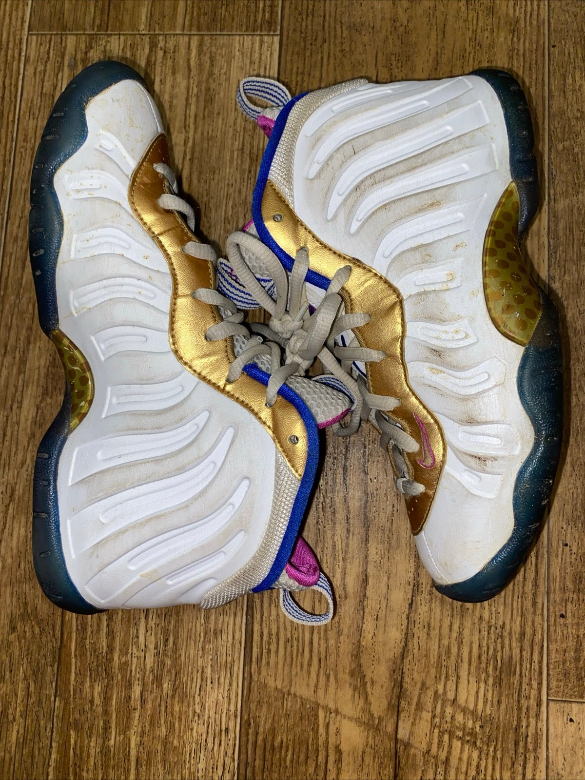 Nike Little Posite One GS White Fuchsia Blast Racer Blue Gold Sz 3.5 644791-103
