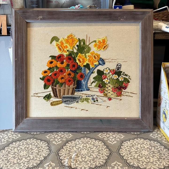Framed Sunset Stitchery Spring Gardening Embroidery Needlework Designs Wall Art