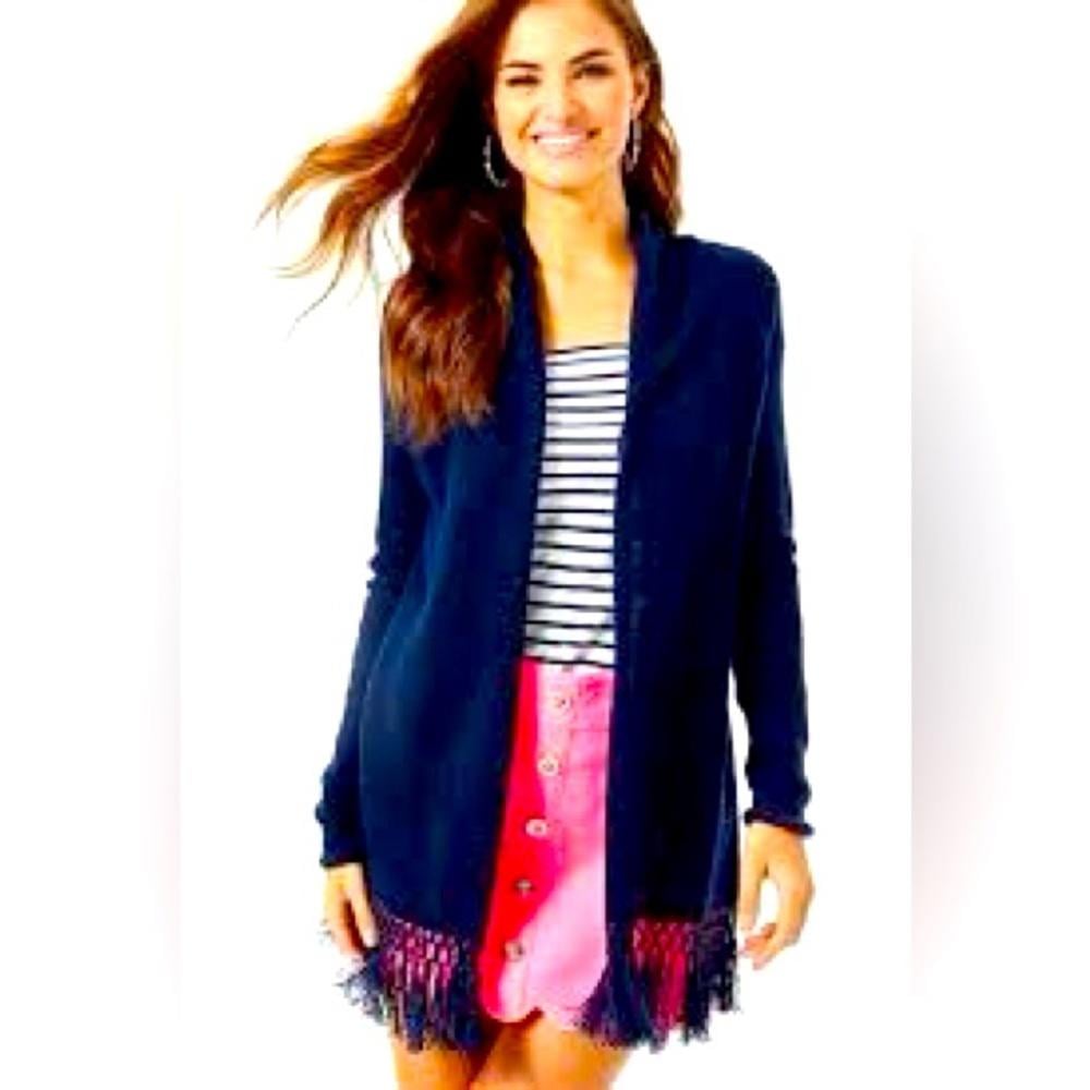 LILLY PULITZER TATUM LONG FRINGE RESORT CARDIGAN Small Navy