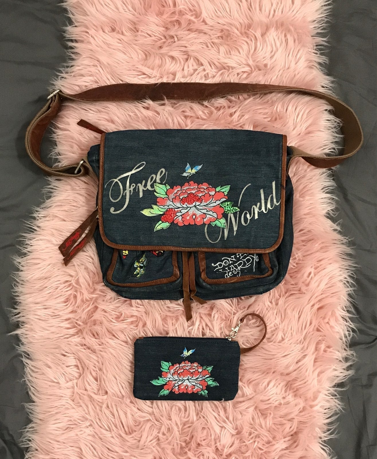 Ed Hardy Messenger Denim and Leather Bag