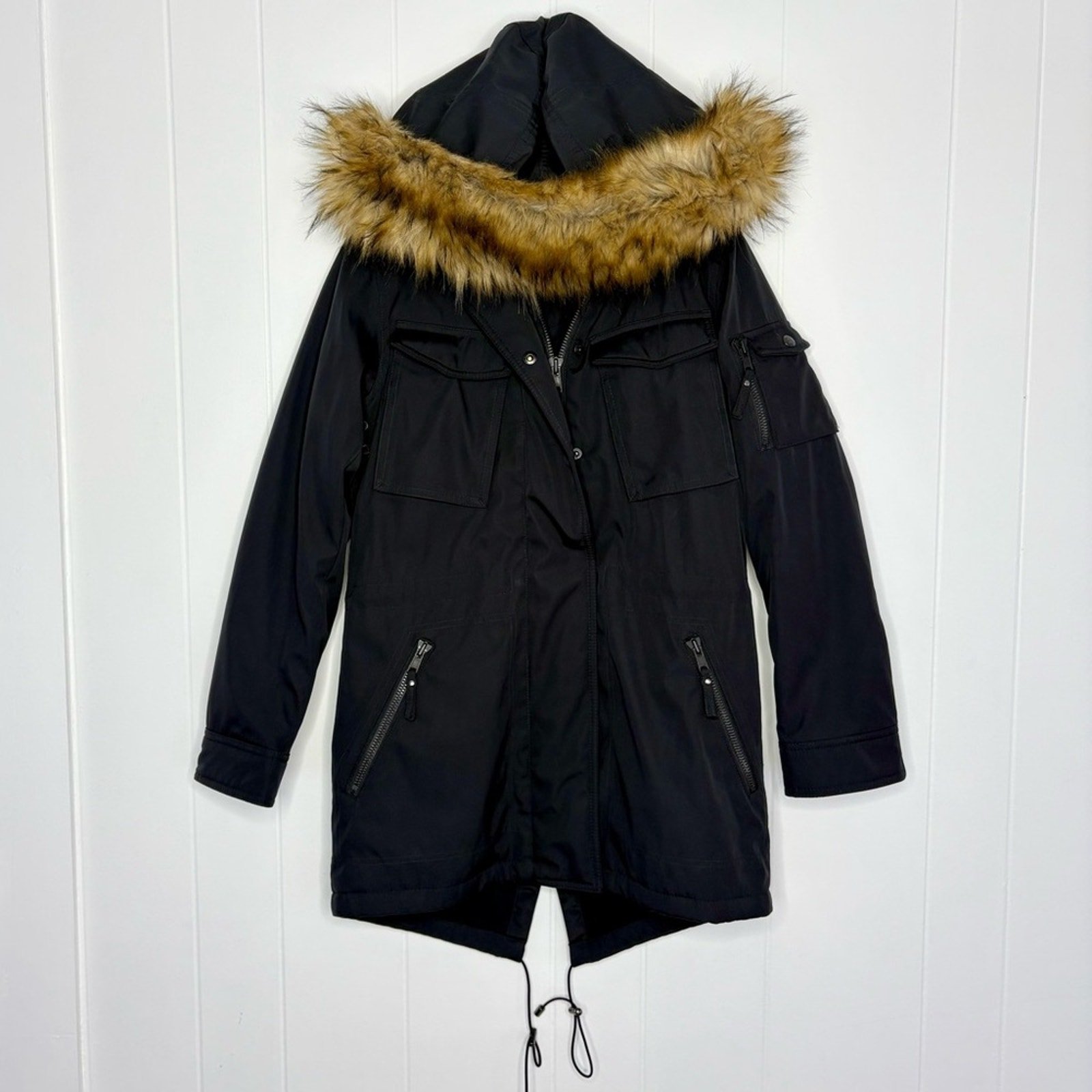 S13 New York Anorak/Parka Faux Fur Trim Coat Hooded Jacket Black Women’s Size XS