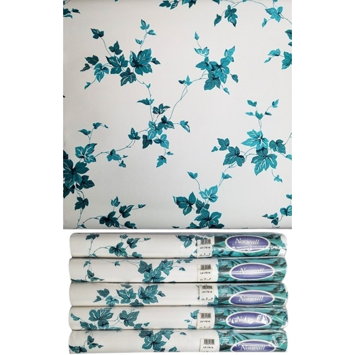 Wallpaper Lot of 5 Rolls Vinyl Green Ivy Vines on White Norwall LK17914 Vintage