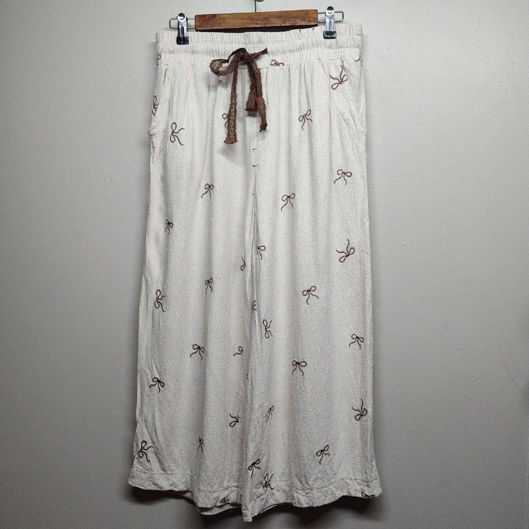 Umgee Linen Pants Women Size M Cream Brown Bows Elastic Waist Casual Vacation