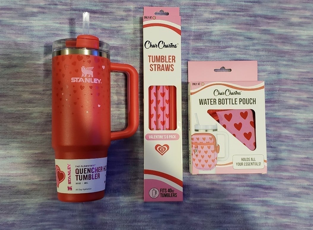Stanley 30 oz stainless steel H2.0 flowstate Quencher Tumbler RUBY HEARTS BUNDLE