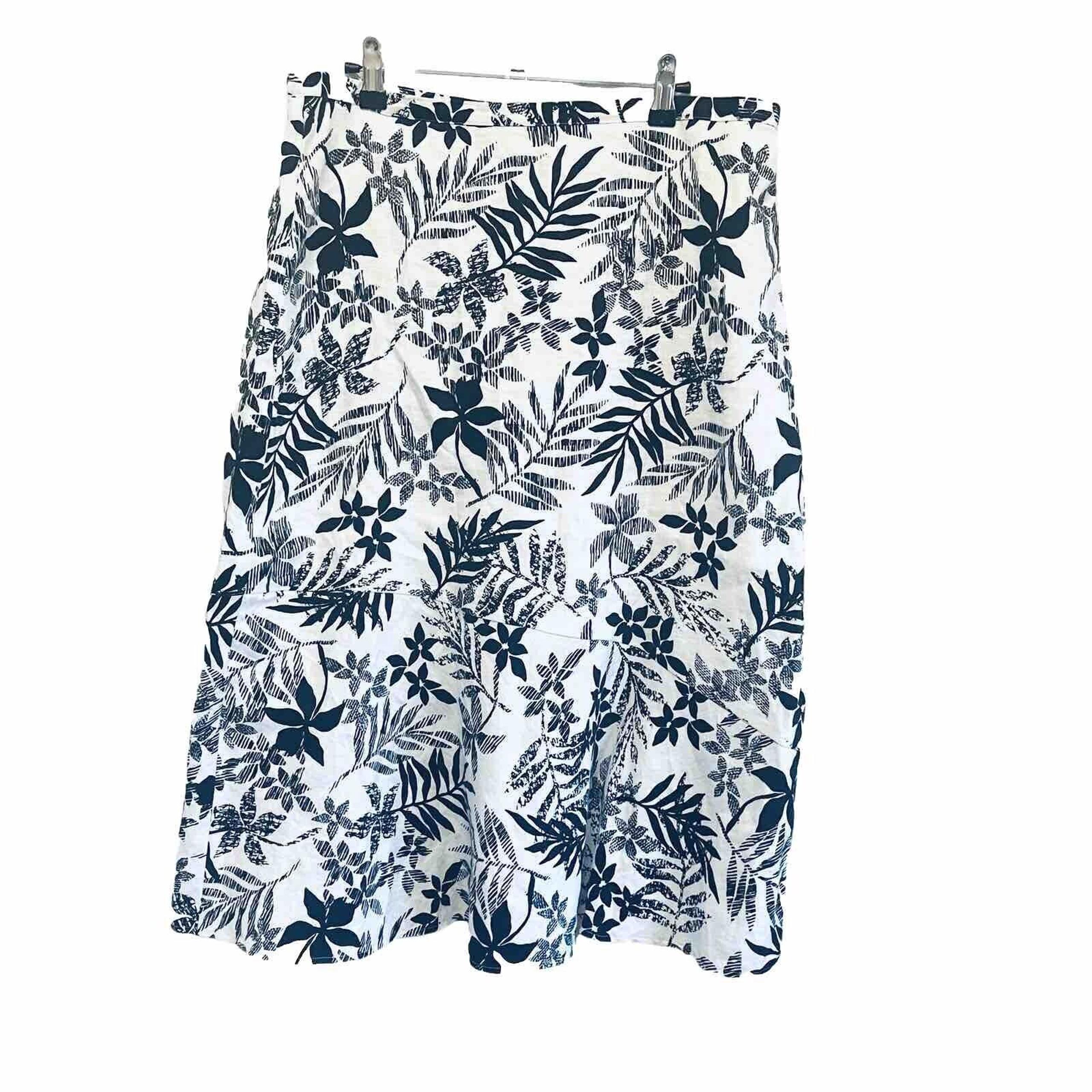 JM Collection 100% Linen Midi Skirt SZ 14 A-Line Black White Tropical Palms