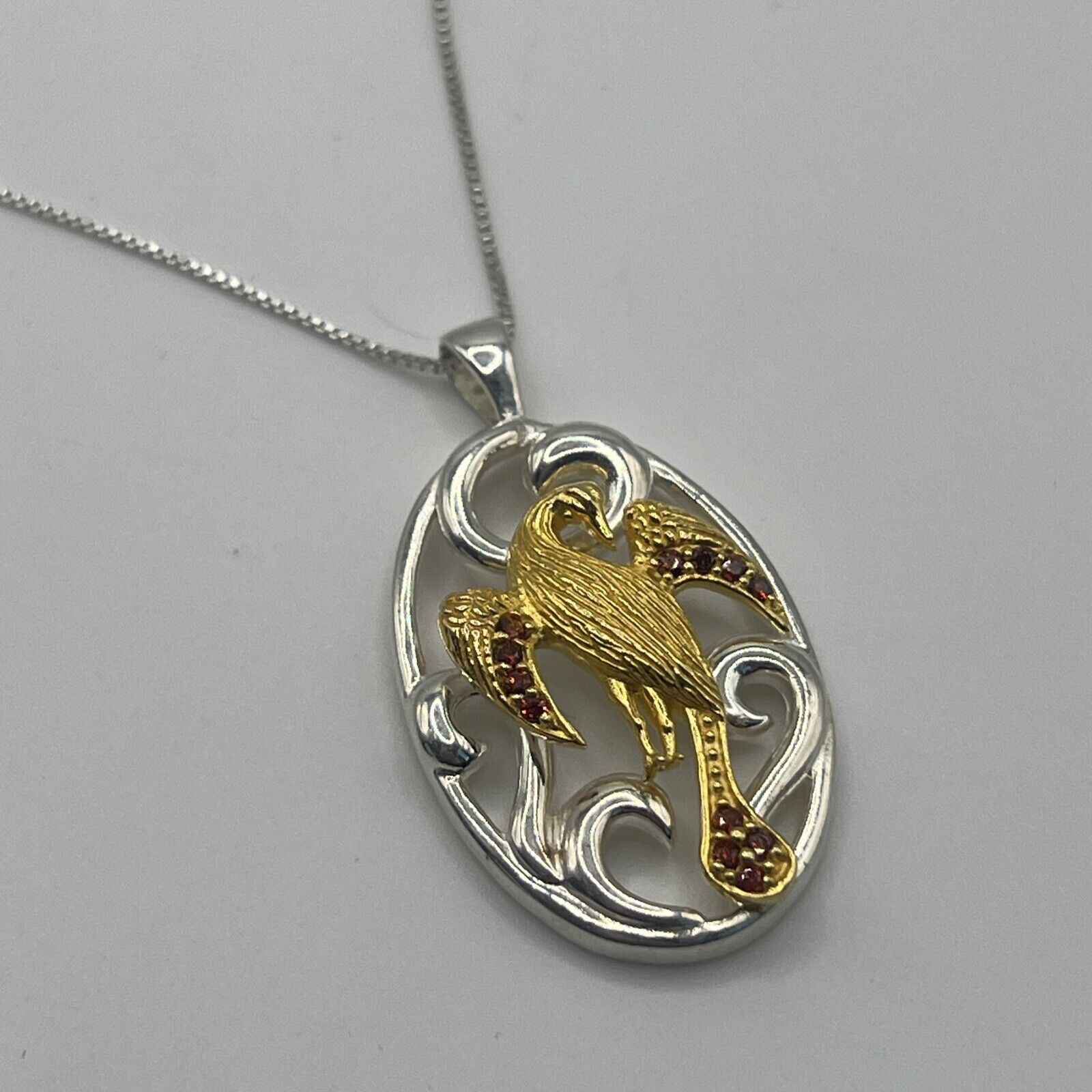 Vintage Garnet Bird Cut Out Gold Vermeil Sterling Silver Necklace Pendant