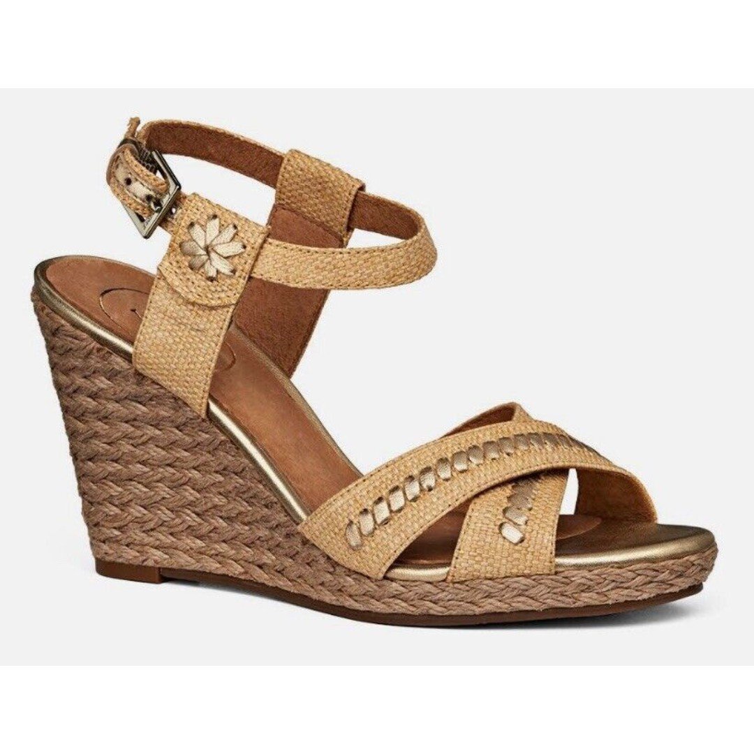 Jack Rogers Size 10M ABBEY Natural Raffia Gold Wedge Sandals Womens Shoes