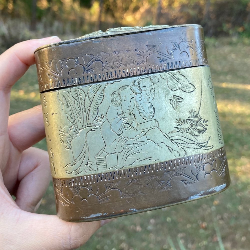 Antique 19th Century Chinese Brass Snuff Box with Figures and Poem