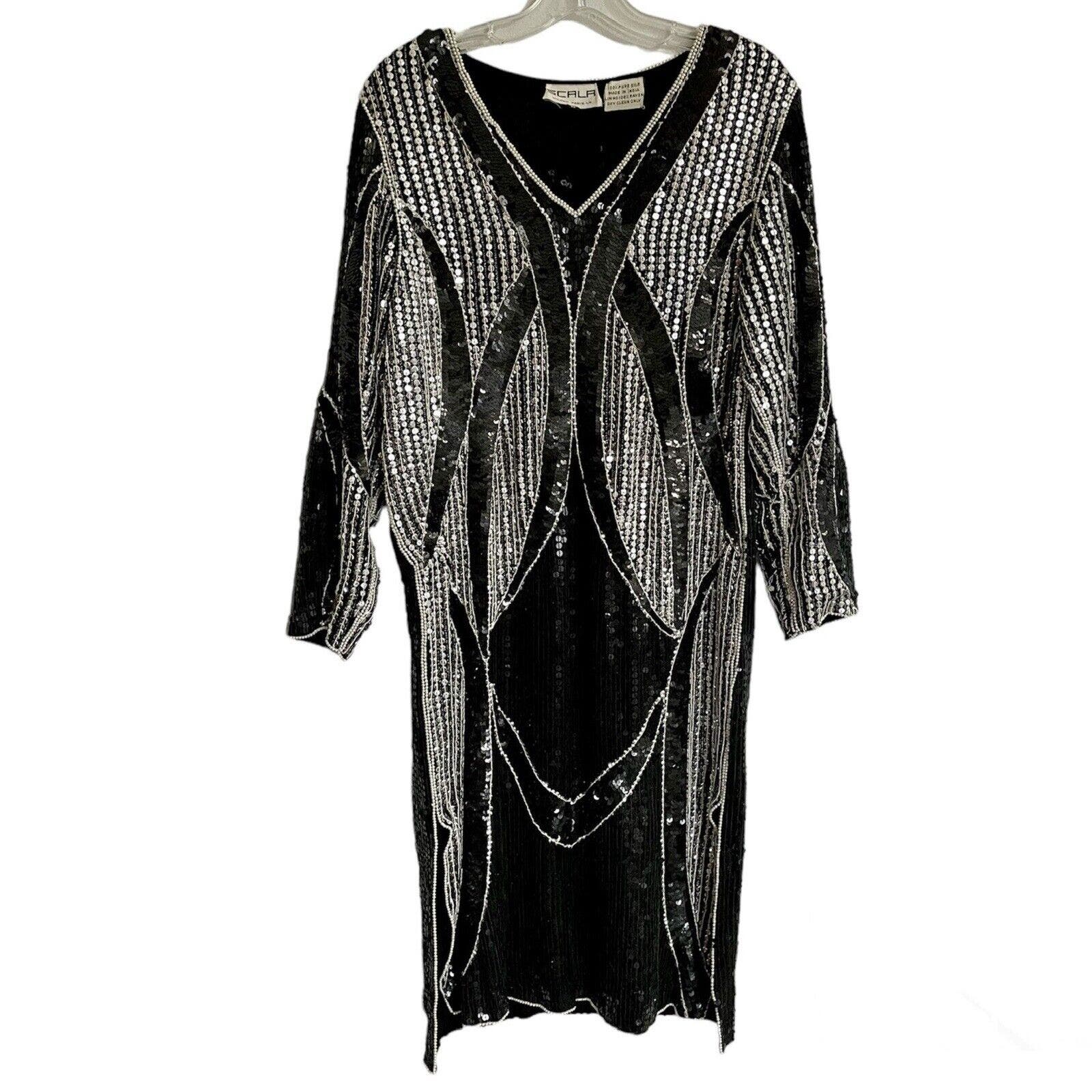Vintage Scala Silk Sequin Evening Party Formal Dress Size Small Black Silver 80s