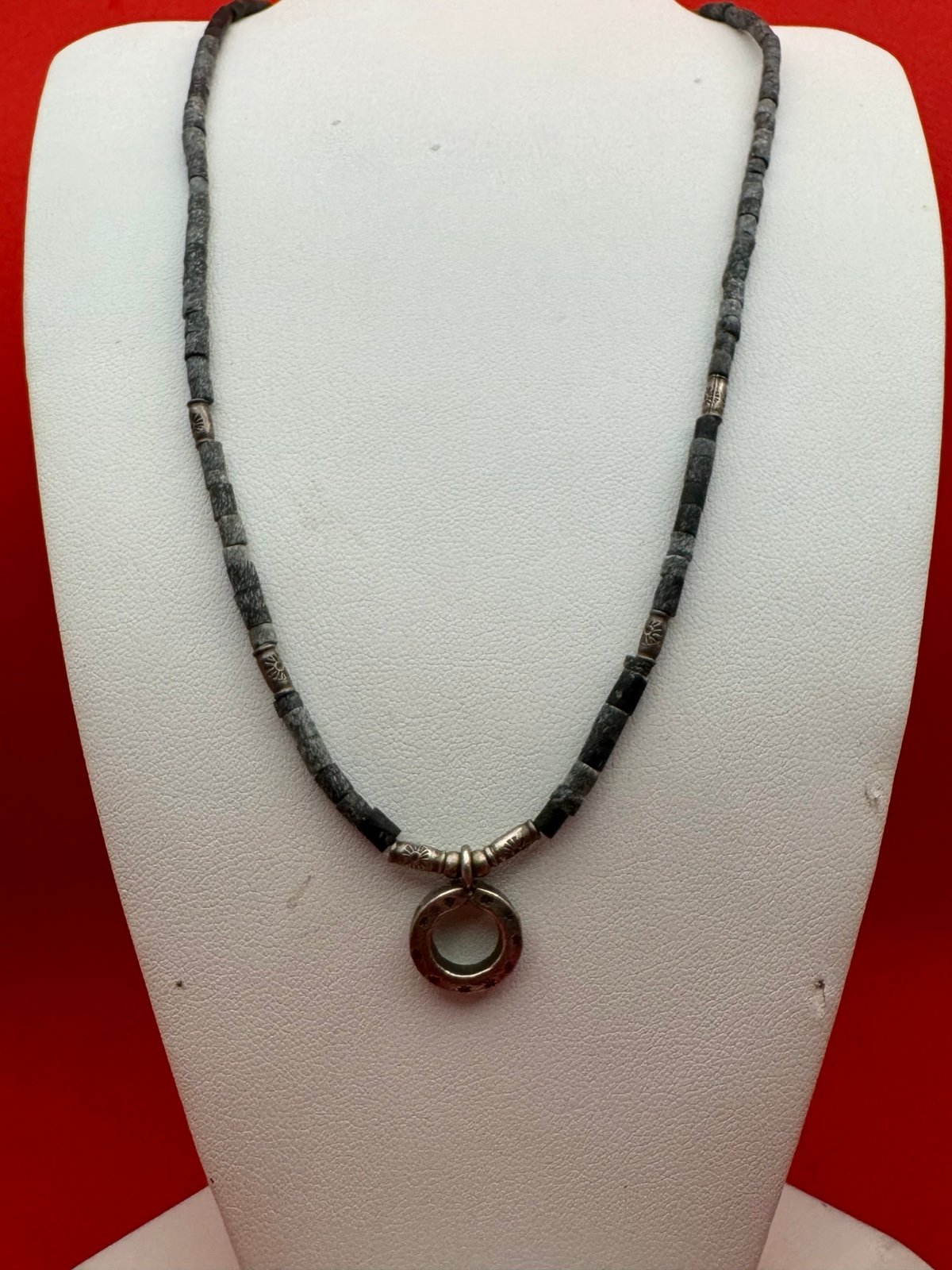 Ancient Excavated Small Granite Beads and Sterling Silver Necklace