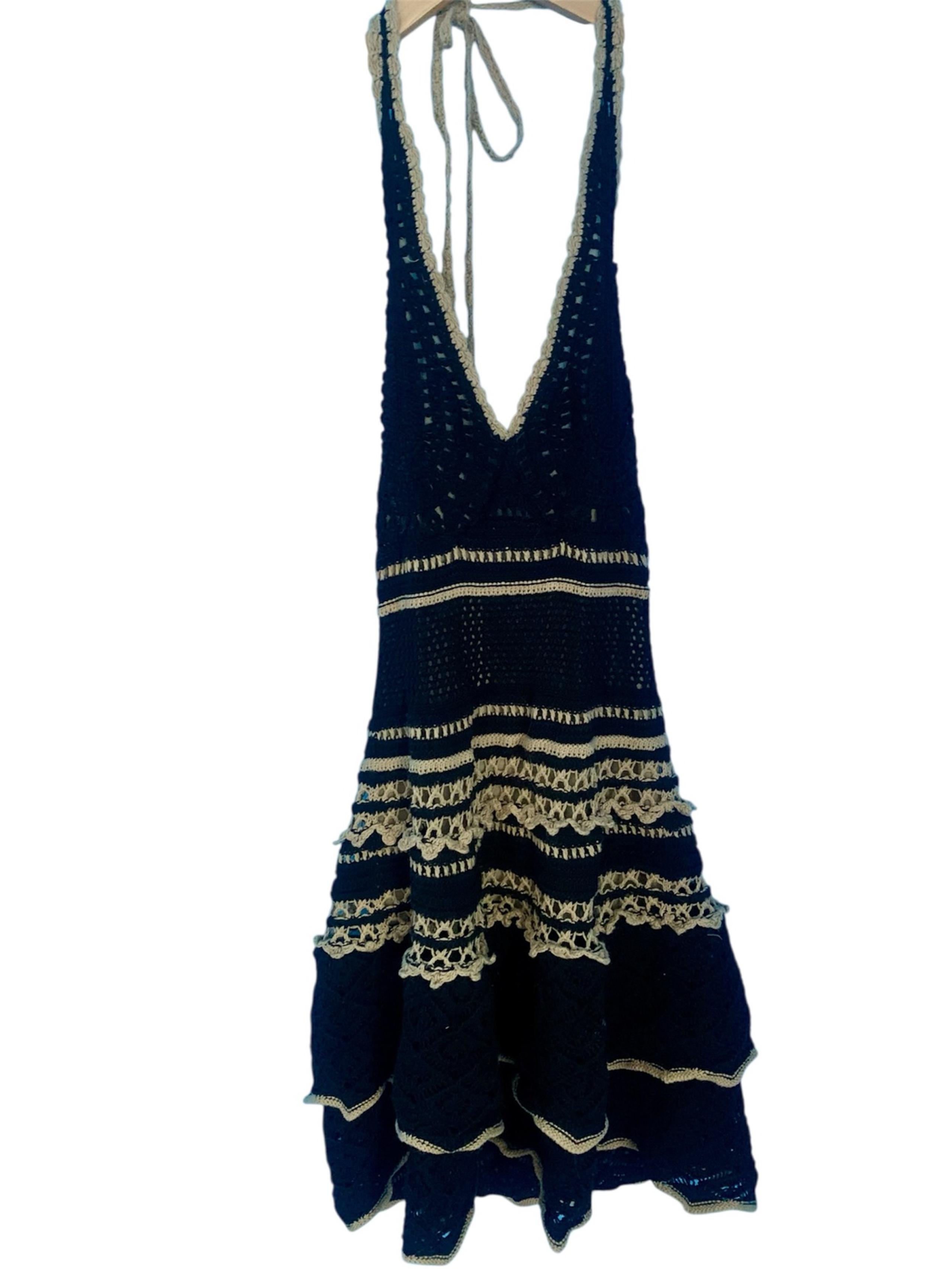 VTG Y2K Victoria's Secret Moda Crochet Ruffle Halter Dress Boho Festival Size S
