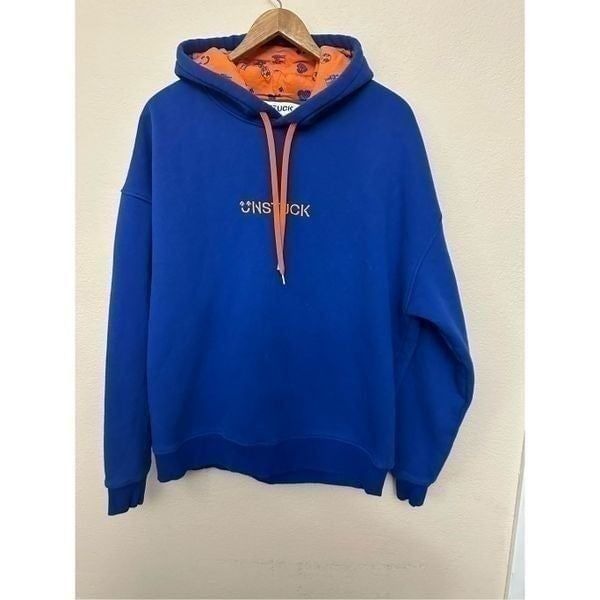 Unstuck Men's Long Sleeve Pullover Drawstring Hoodie Blue Sweatshirt Size L
