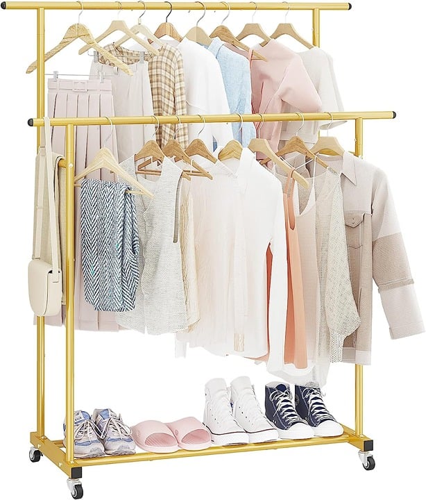 Double Rod Clothing Garment Rack,Rolling Hanging Clothes Rack