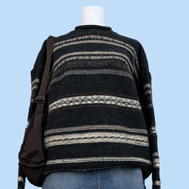 charcoal gray earth tone striped vintage irish wool chunky roll neck sweater