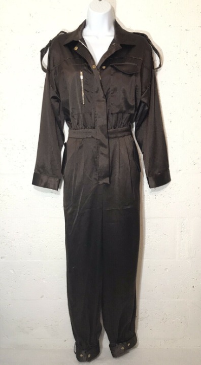 Fashion Nova Utility Jumpsuit Brown Satin Belted Skinny Stretch Size S NWT