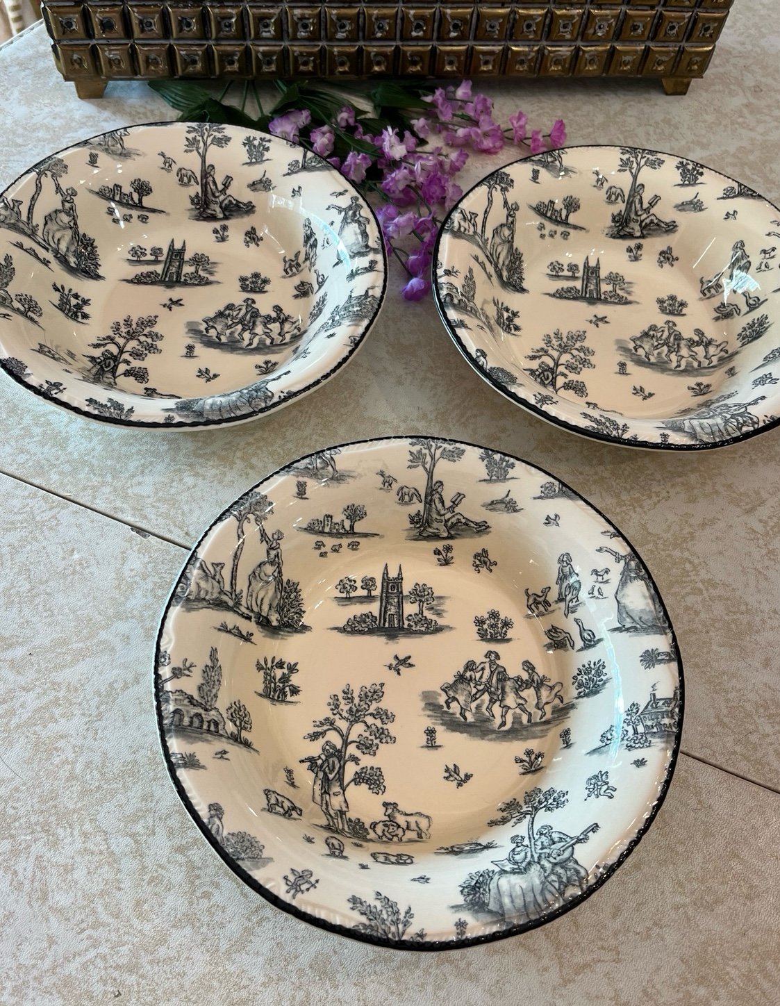 3 Vintage Wood & Sons Toile De Jolie Noir Pattern Porcelain Serving Bowls