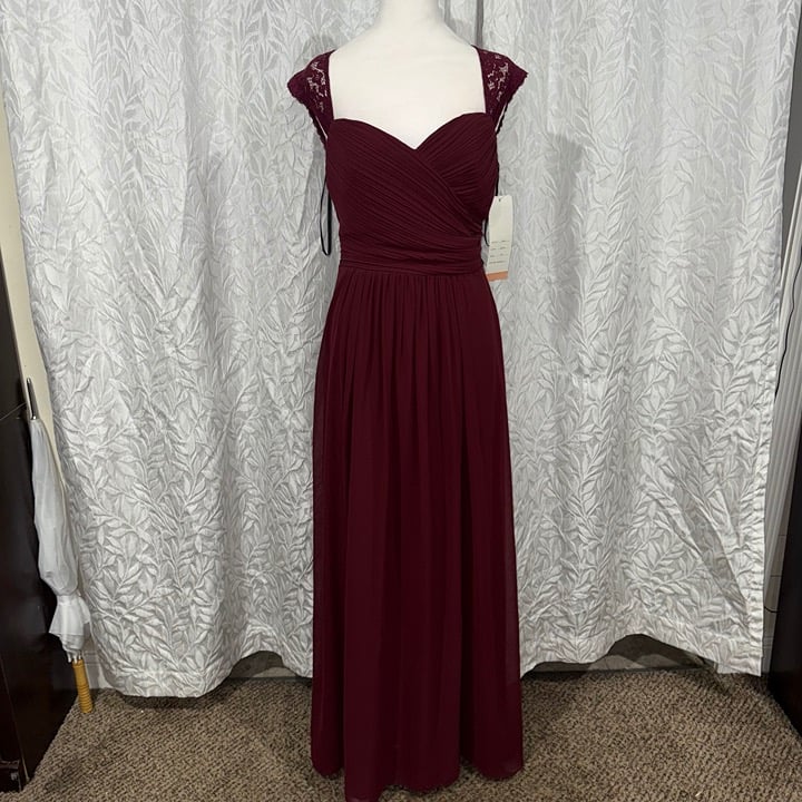 LEVKOFF wine maroon red size 10 style 7045 lace straps formal modest prom dress