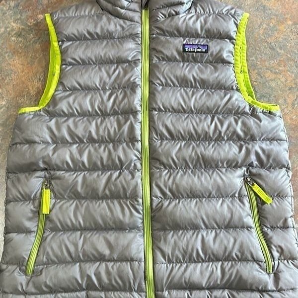 Patagonia Down Puffer Vest Kids XL 14 Grey Lime Green