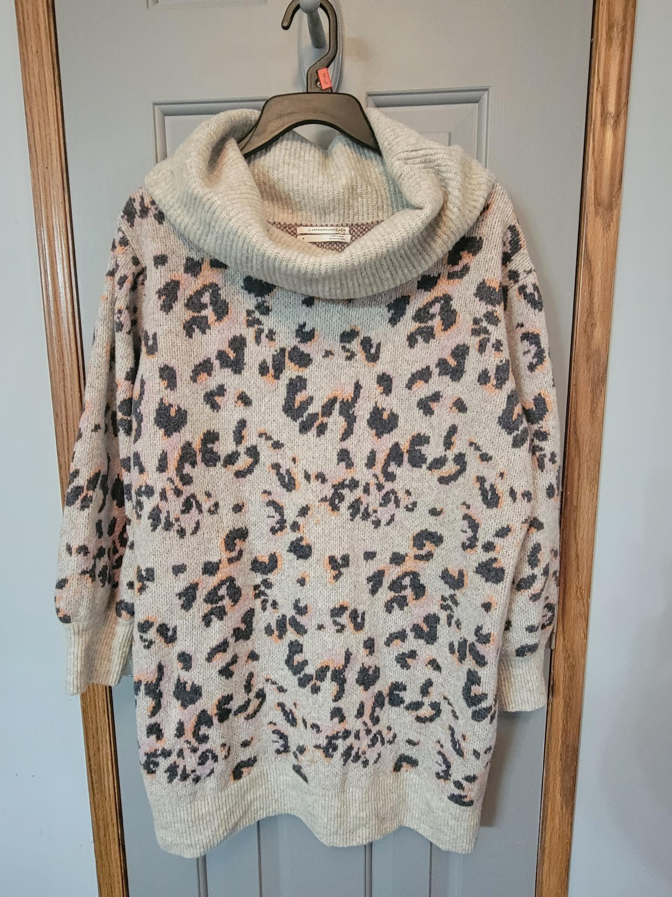 Anthropologie Emma Leopard Cowl Neck Wool Blend Sweater